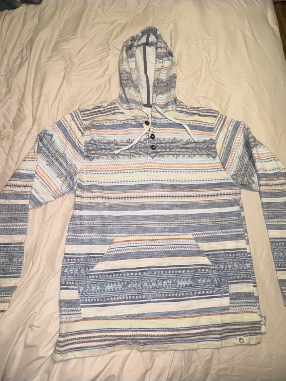Free Planet Men's Striped Crewneck Hoodie in Blue, Cream, and Brown